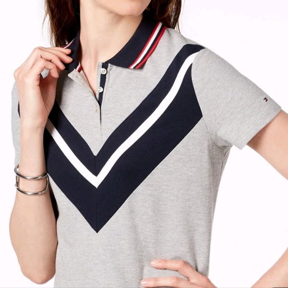 Tommy Hilfiger T-Shirt Dress Women's Gray Blue Chevron Print Point Collar SZ XL - Picture 4 of 12